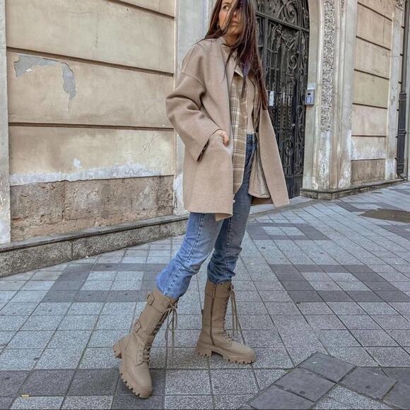 ZARA BLOGGER FAVORITE WAXED FINISH LACED BOOTS 10 army green combat viral TikTok - Picture 7 of 14
